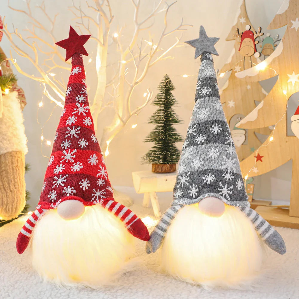 Festive faceless gnome dolls in various colors, including green, red, and grey, with battery-powered lights for cozy Christmas decor