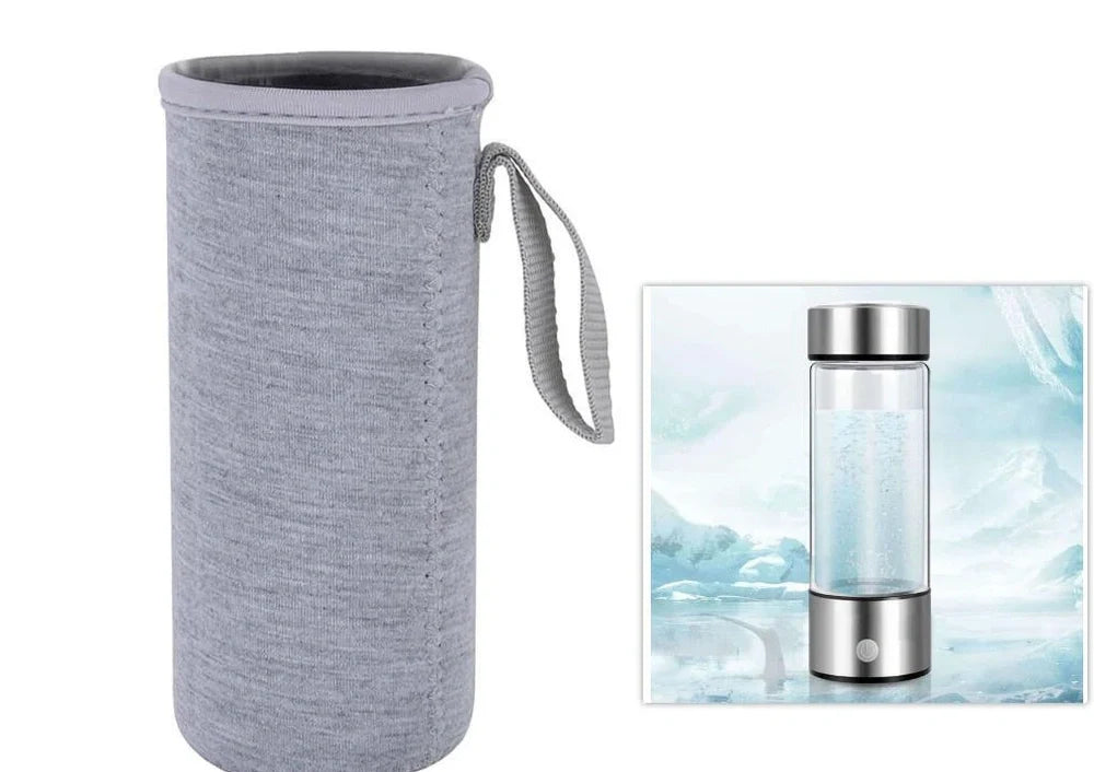 Portable hydrogen water cup in silver with borosilicate glass, showing electrolysis bubbles and romatic light, 3-minute generation