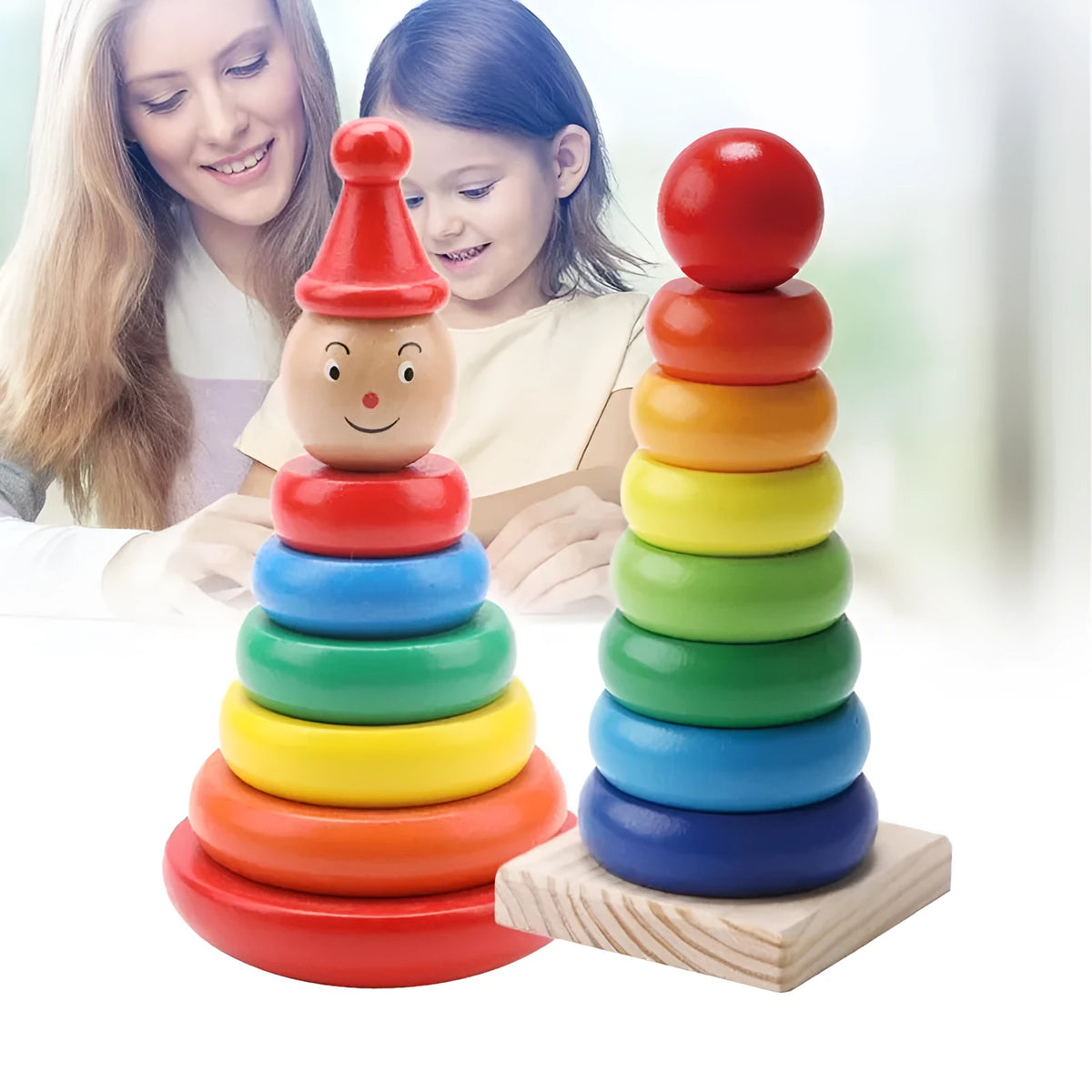 Wooden rainbow tower stacking toy with stacked circles, 7.5 x 9 x 9 cm, for baby early education play