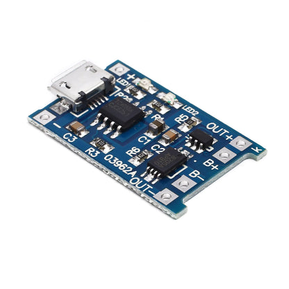 Blue lithium battery charging protection circuit board measuring 2.6cm by 1.7cm with visible components