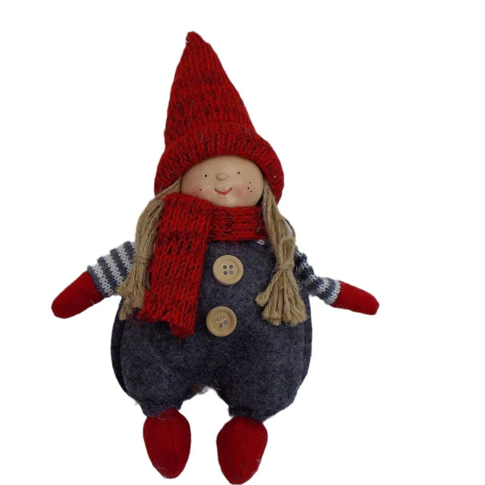 Christmas Easter fabric plush doll in dark brown with green clothing and red hat showing two size options