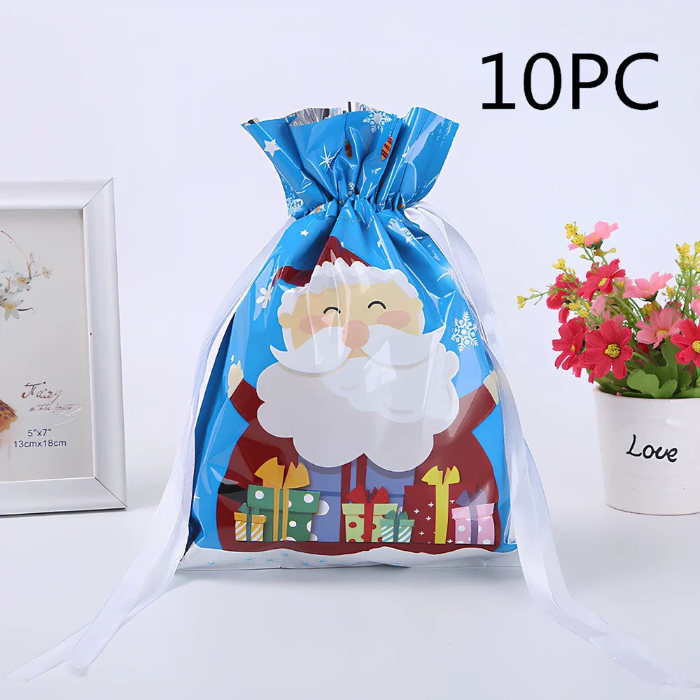 Christmas gift bag with drawstring closure in laser gold finish, 32x24cm dimensions