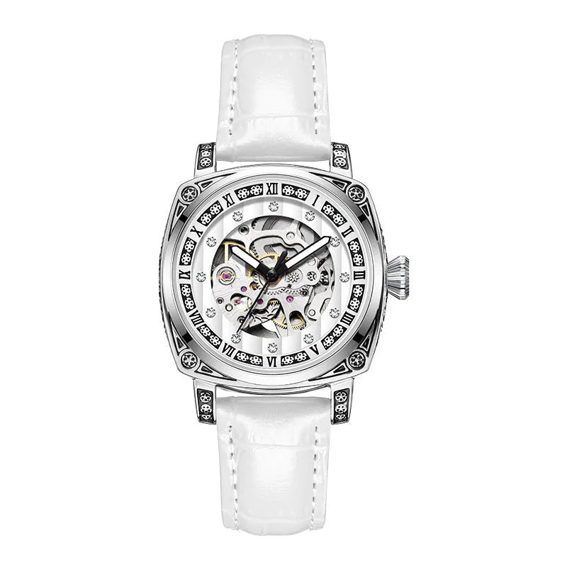 Mechanical watch with luminous hands on leather belt, stainless steel case, showing black colour option