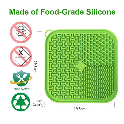 Orange, grey, blue, and green silicone dog licking mat with textured surface and suction cups