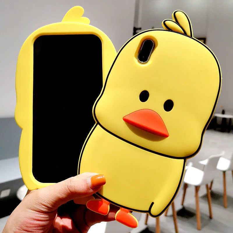 Green silicone iPhone case with animal cartoon design showing drop and waterproof protection features