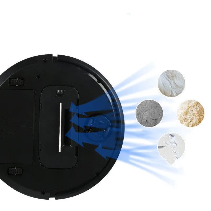 Black sweeping robot with mechanical cleaning functions for home floors up to 90 square metres