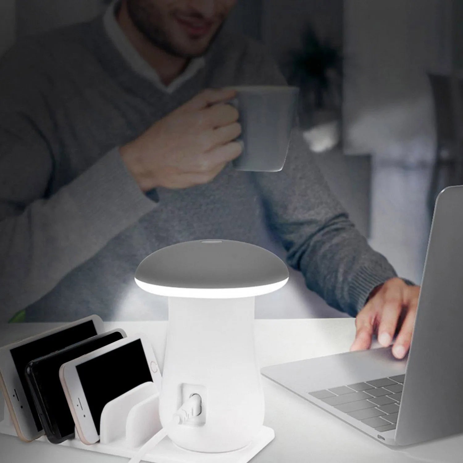 Besegad white mushroom-shaped USB charging dock station with five ports and a built-in LED light on a wooden desk.
