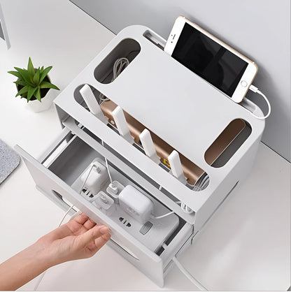 Grey and white plastic wireless router storage box with cable management compartment