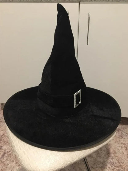 Halloween wizard hat in non-woven crepe fabric showing three style options: black, curved angle, and flocked orange