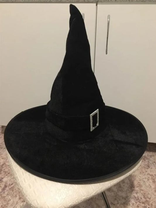 Halloween wizard hat in non-woven crepe fabric showing three style options: black, curved angle, and flocked orange