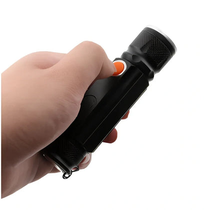 Black Soringrad rechargeable flashlight with magnet base, T6+COB lights, 18650 battery, 200m range for hiking and camping