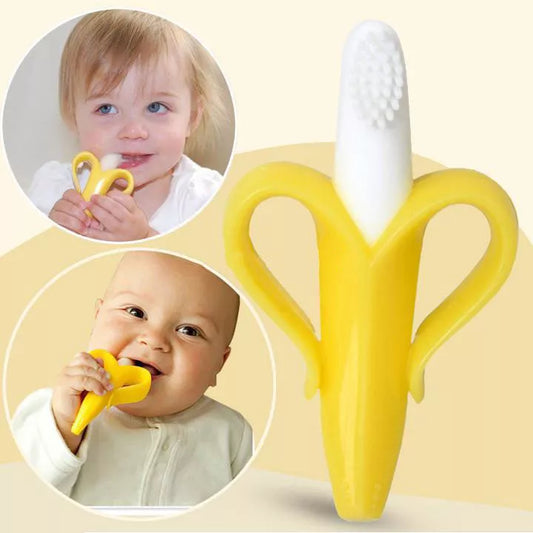 Food grade silicone banana teether toy for babies in yellow, pink, and blue