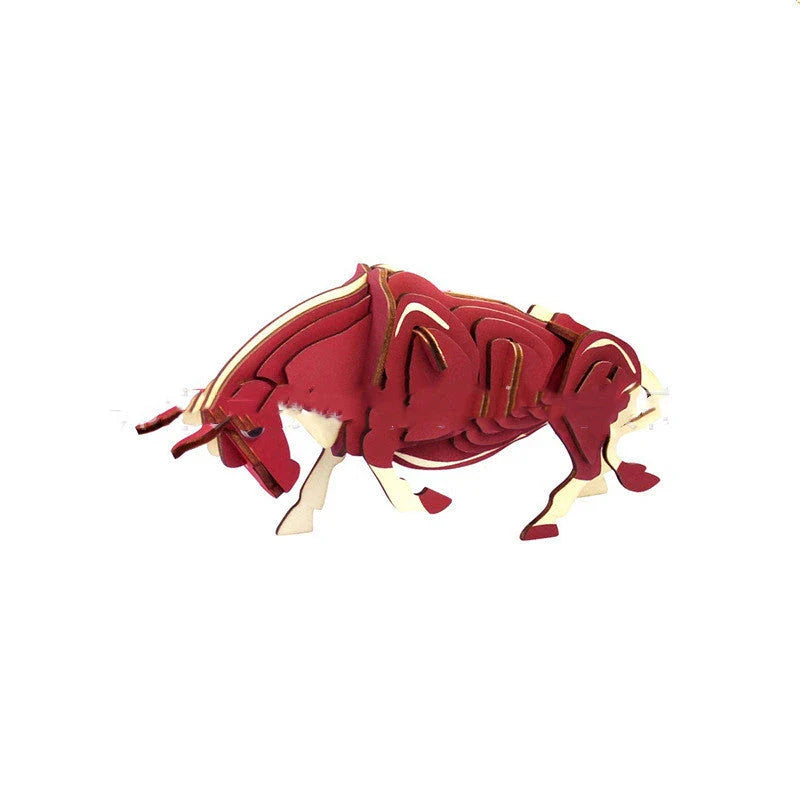 A 3D wooden puzzle model of a dinosaur with various color options