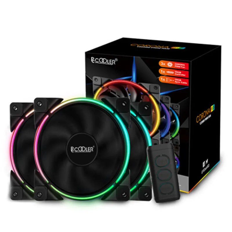 Overclocking three RGB chassis fan set in black with FRGB lighting, featuring 12 cm fans with hydraulic bearings that operate at a maximum noise level of 31.4 dBA and deliver up to 54.51 CFM airflow for efficient PC cooling.
