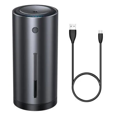 Black car diffuser humidifier with aluminium alloy casing, USB port, and less than 1-litre capacity