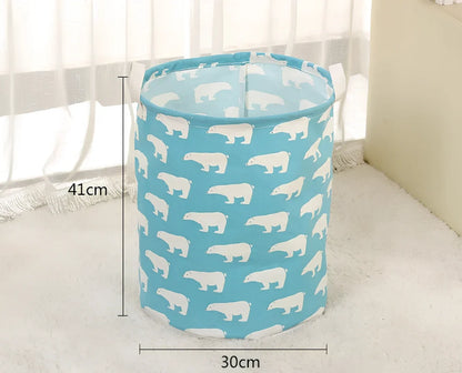 Foldable cotton-linen laundry basket with cartoon polar bear design, collapsed to show 8cm height