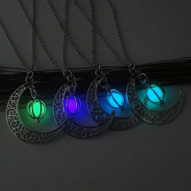 Luminous moon-shaped pendant necklace in various colors, glowing in the dark and emitting a soft, enchanting light