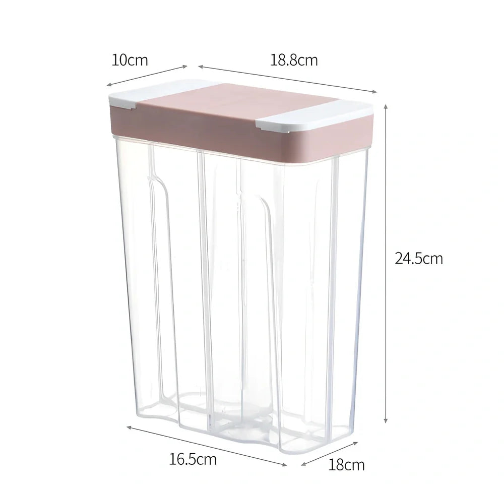 Clear plastic food storage box with measuring scale and blue lid