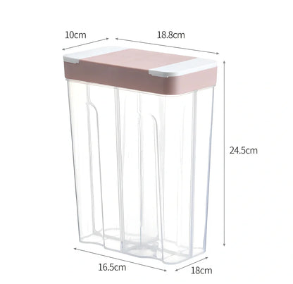 Clear plastic food storage box with measuring scale and blue lid
