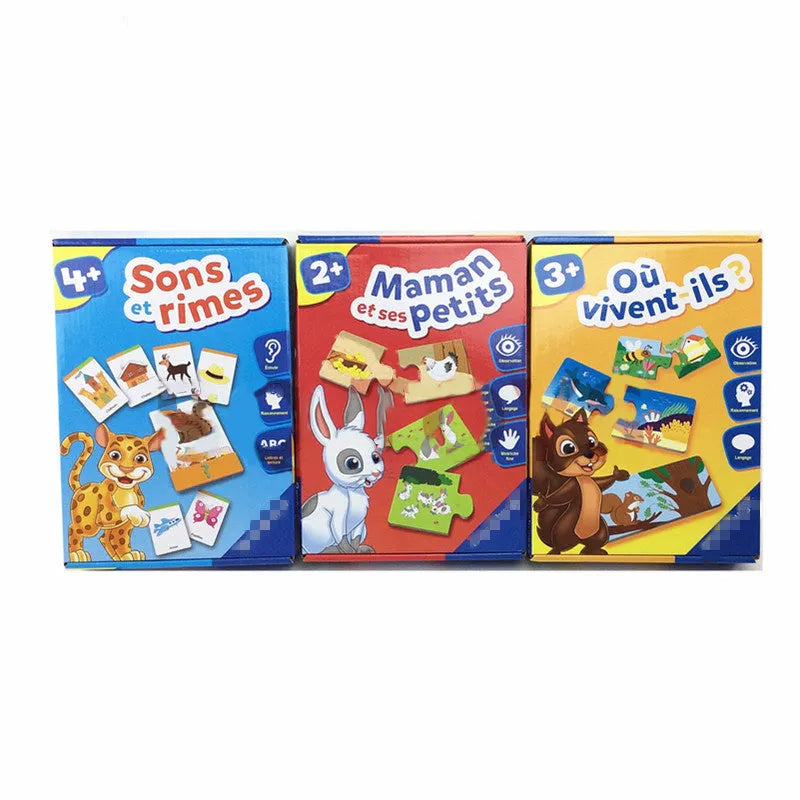 French learning puzzle toy with 24 picture-word cards on paper plate material for children over 2 years