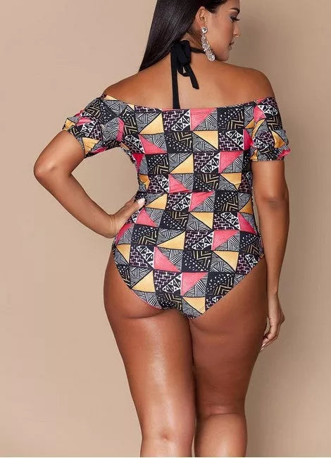 Plus-size geometric bikini with chest pad in photo color, perfect for swimming and wading sports