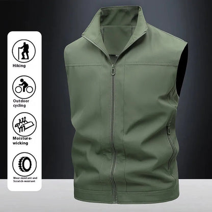 Men's loose fit casual work shirt with a stand-up collar in an army green colour.