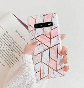 Electroplated marble mobile phone case in various colours for Huawei and Samsung models, showing slim TPU back cover design