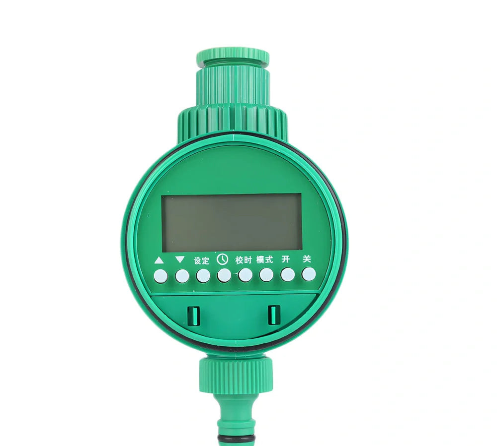 Green home garden irrigation controller with LCD display showing watering schedule and time