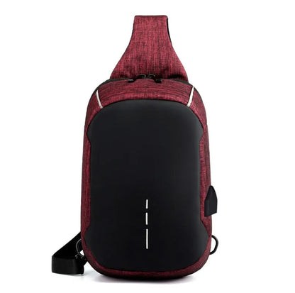Dark blue Oxford waterproof chest bag with zipper opening, measuring 18cm wide by 31cm high