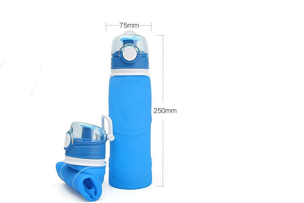 Orange silicone folding water bottle showing collapsed 7cm height and expanded 22cm height with 750ml capacity