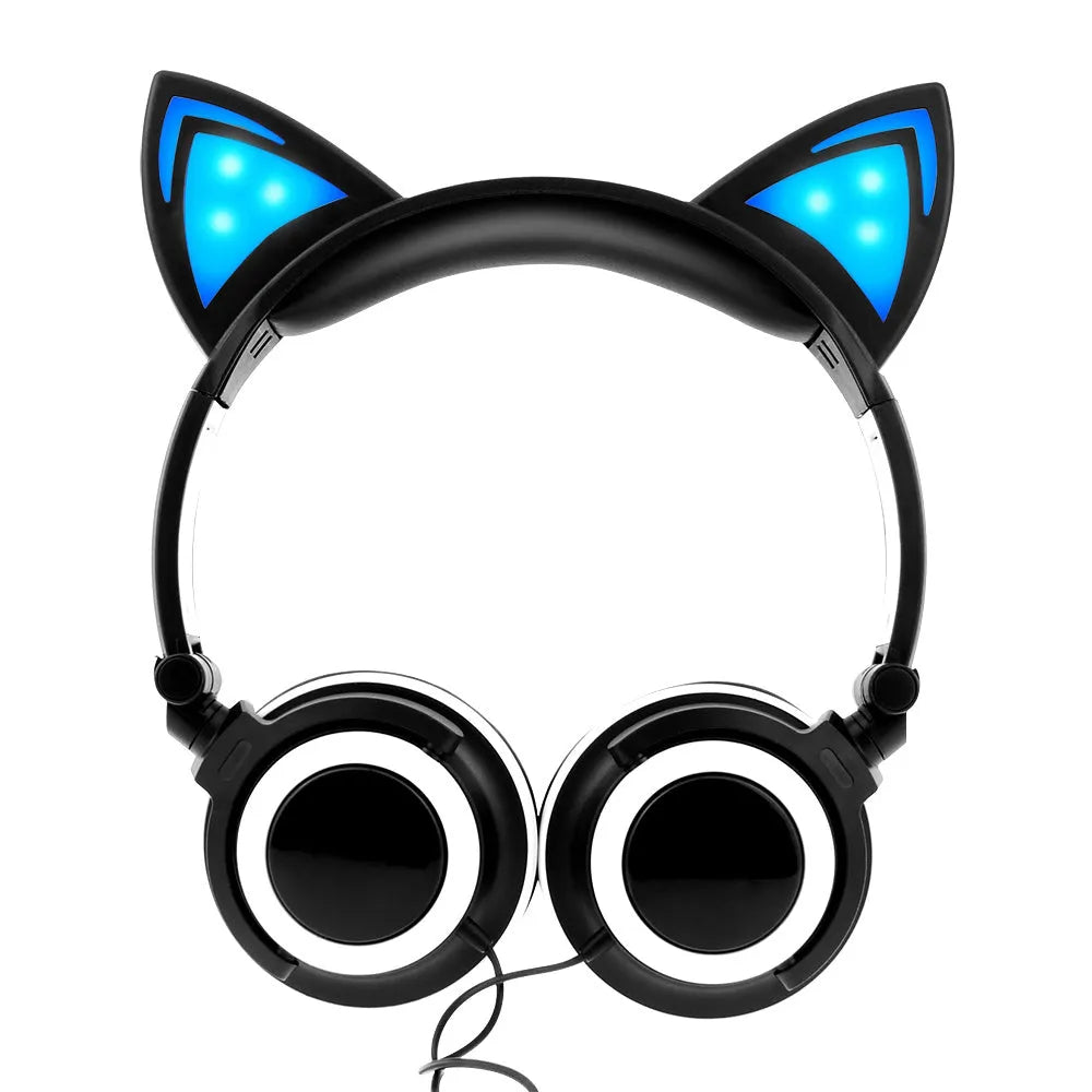 Colourful LED cat ear headphones with illuminated ears and cushions on a black background