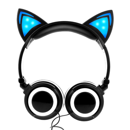Colourful LED cat ear headphones with illuminated ears and cushions on a black background