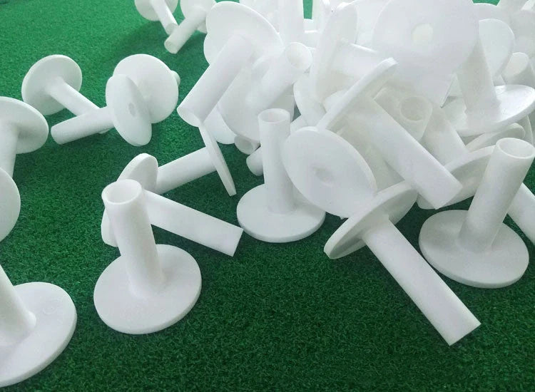 Premium white golf tees with adjustable heights ranging from 42mm to 80mm, presented in a 5-piece set for convenient use on the driving range or golf course