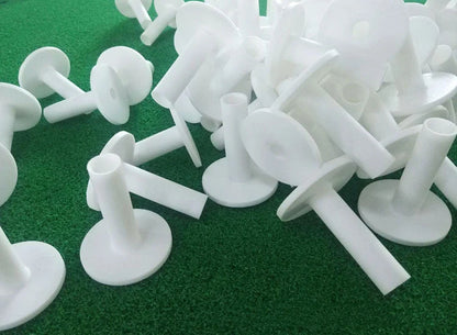 Premium white golf tees with adjustable heights ranging from 42mm to 80mm, presented in a 5-piece set for convenient use on the driving range or golf course