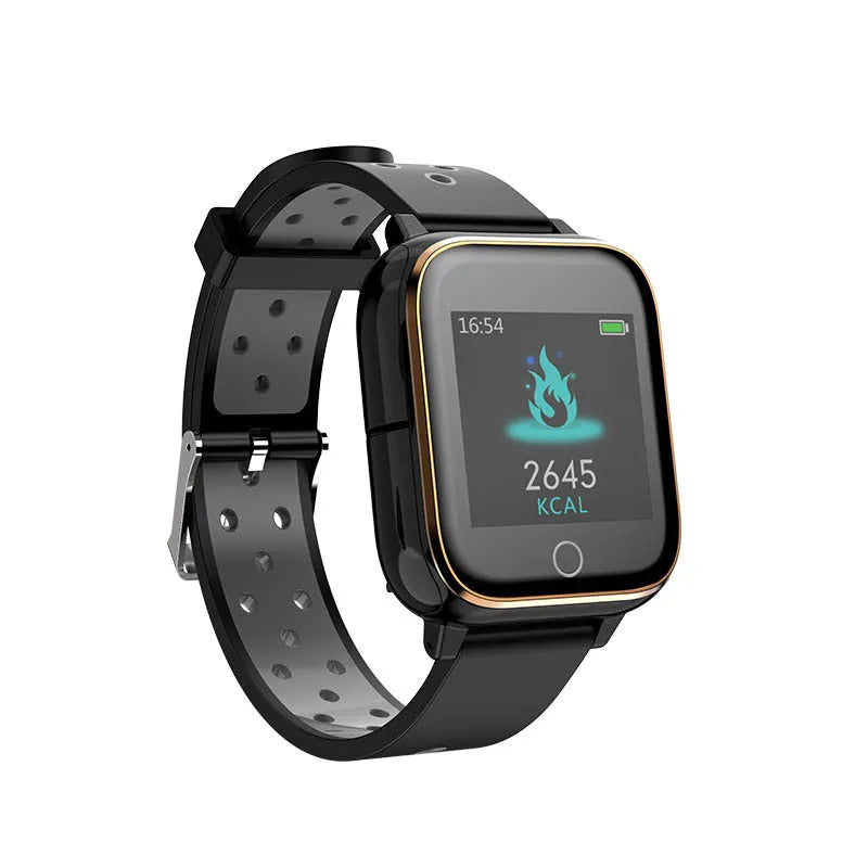 Black smartwatch with integrated Bluetooth earbuds showing a 1.4-inch display with fitness metrics.