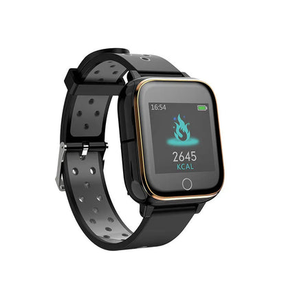 Black smartwatch with integrated Bluetooth earbuds showing a 1.4-inch display with fitness metrics.
