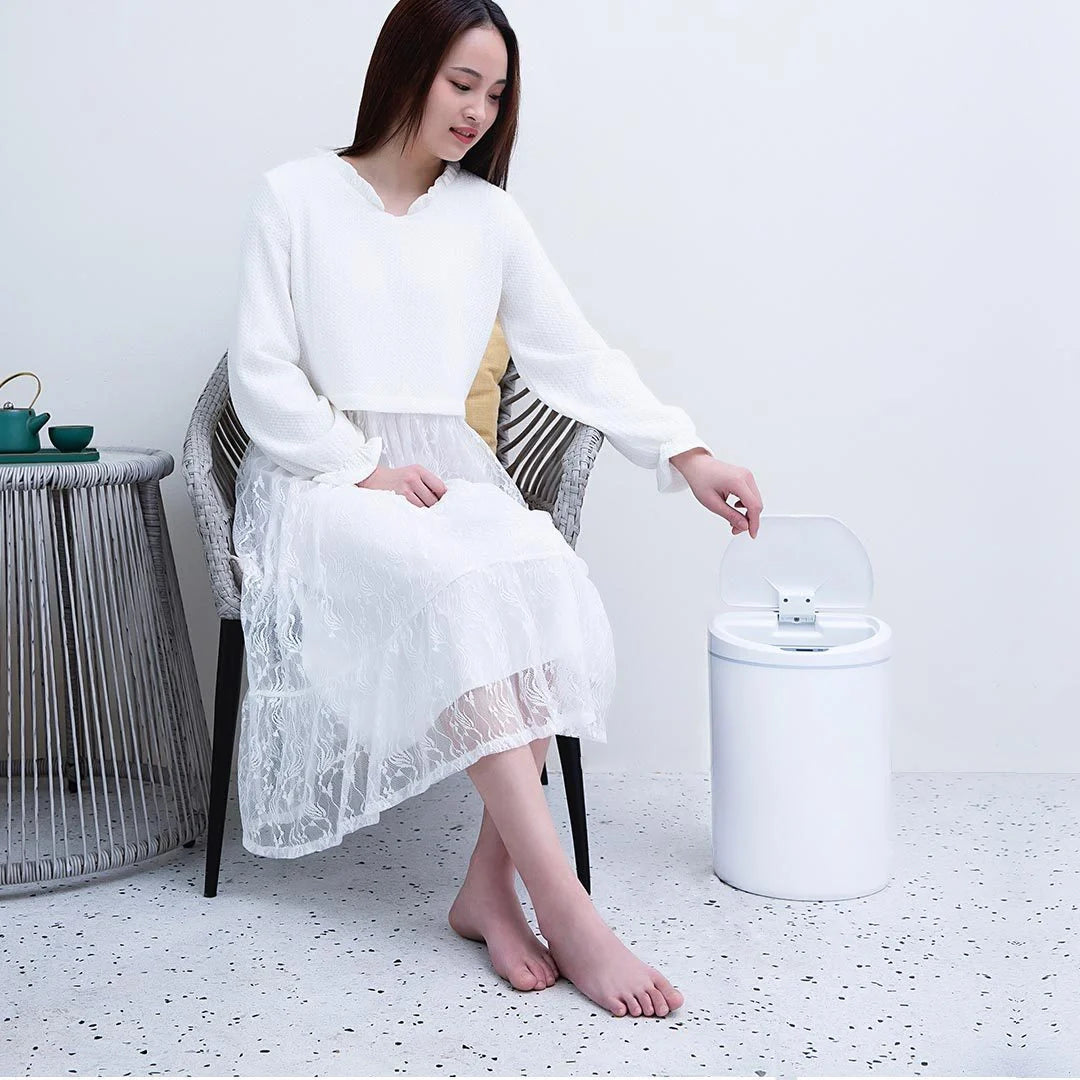 White Smart Sensor Trash Can with motion-activated lid for hygienic waste disposal