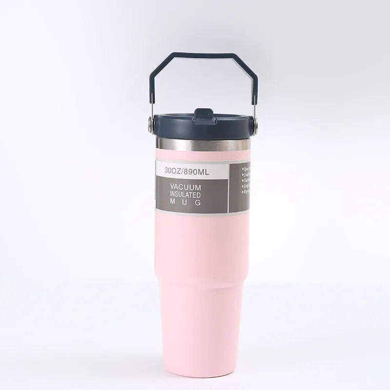 30 oz stainless steel insulated travel tumbler with handle cover in dark pink colour