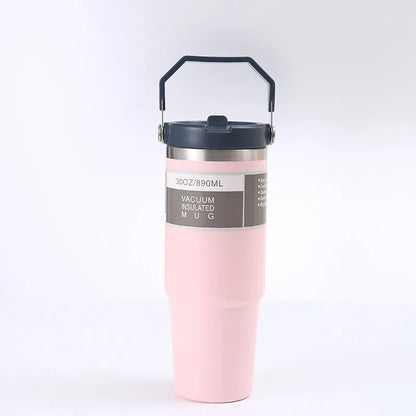 30 oz stainless steel insulated travel tumbler with handle cover in dark pink colour