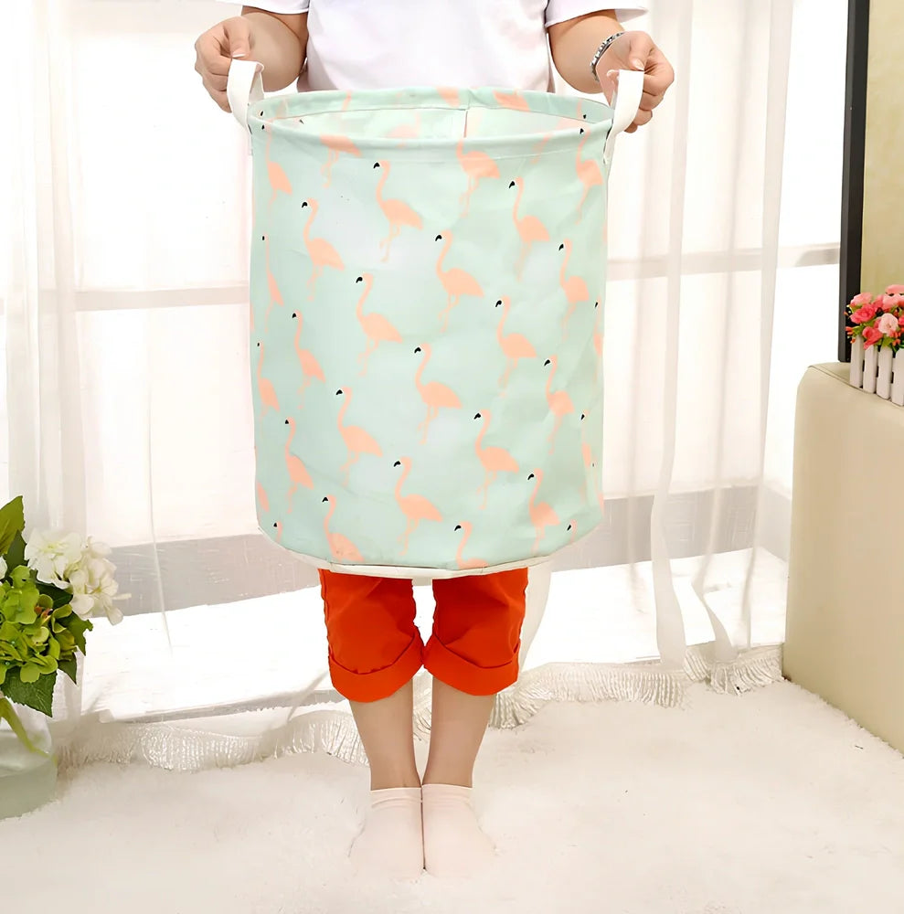 Foldable cotton-linen laundry basket with cartoon polar bear design, collapsed to show 8cm height