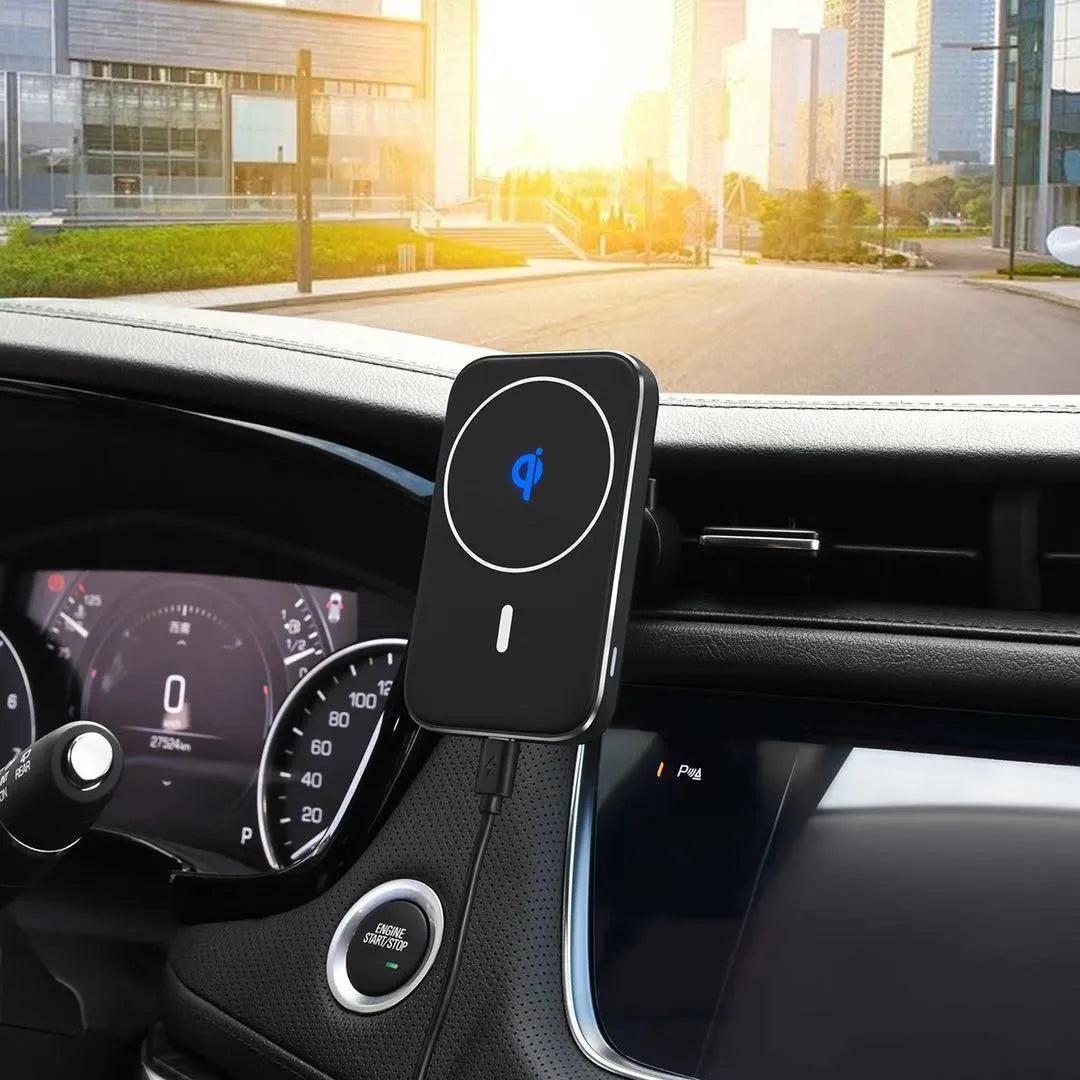 M6 black magnetic wireless car phone charger mounted in vehicle