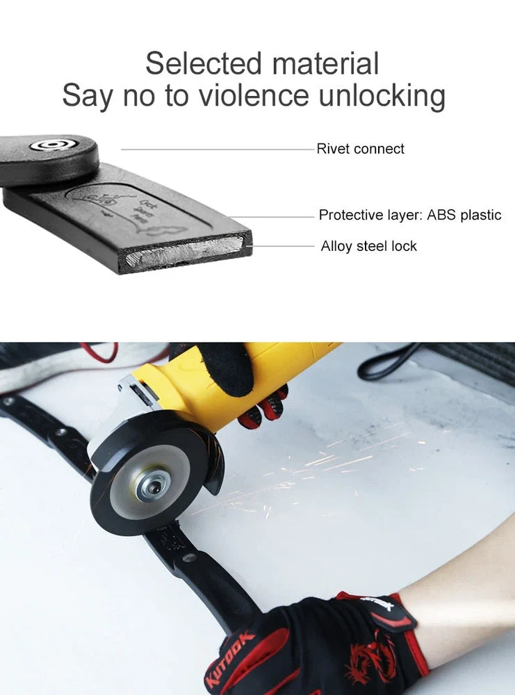 INBIKE mountain bike lock with orange ABS rubber coating showing 12-ton hydraulic resistance rating