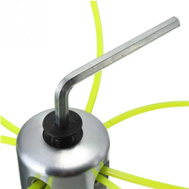 Aluminium silver lawn mower grass trimmer head accessory with four light yellow square ropes