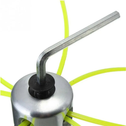 Aluminium silver lawn mower grass trimmer head accessory with four light yellow square ropes