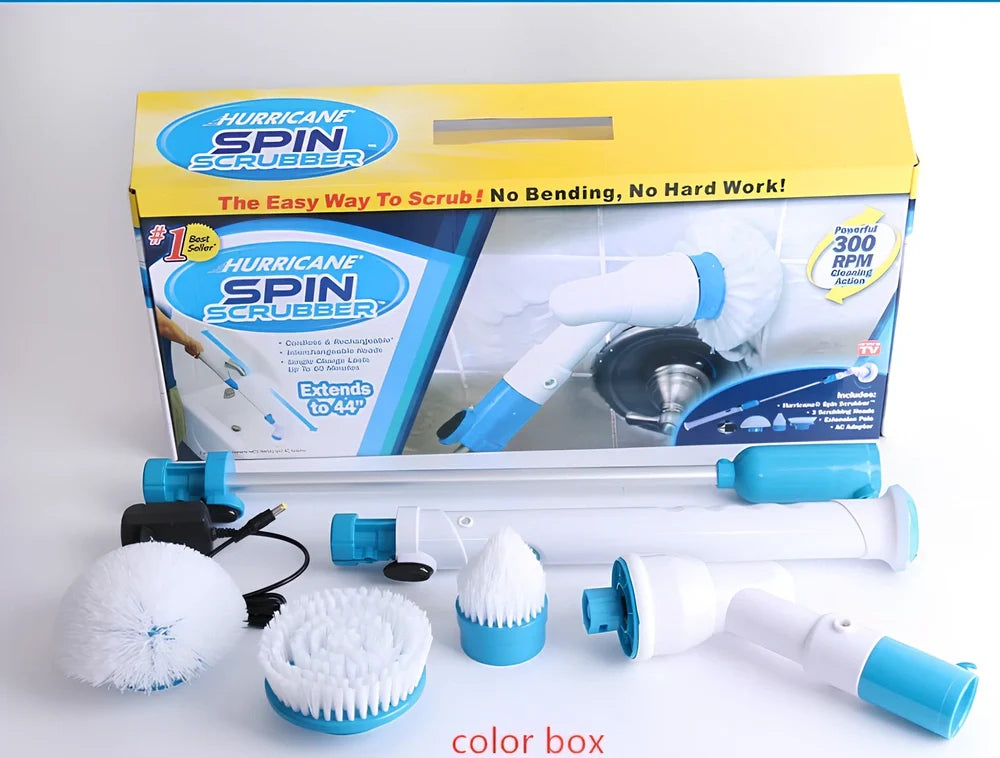 Blue rechargeable electric cleaning brush with retractable extension rod and three interchangeable brush heads