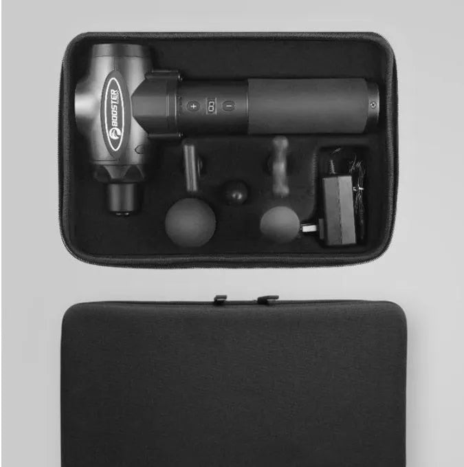 Black and white percussion massage gun with 24V battery for muscle recovery.