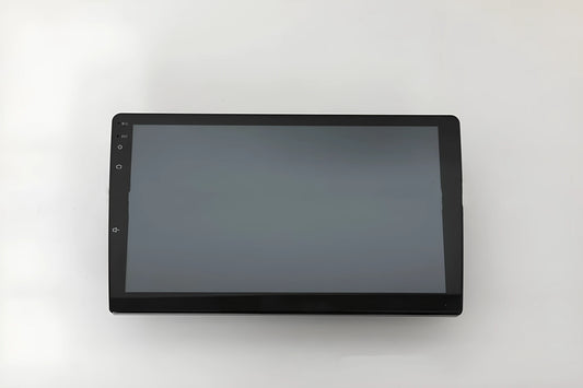 10.1 inch universal Android car stereo head unit with touch screen display for trapezoidal dashboard installation.