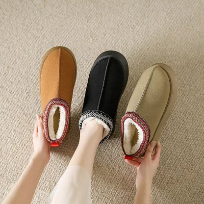 Women's fleece-lined Baotou plush half slippers in black, khaki, and brown