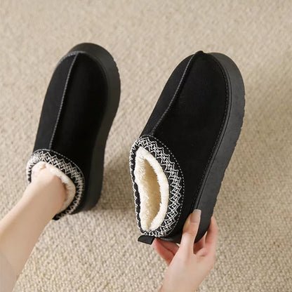 Women's fleece-lined Baotou plush half slippers in black, khaki, and brown