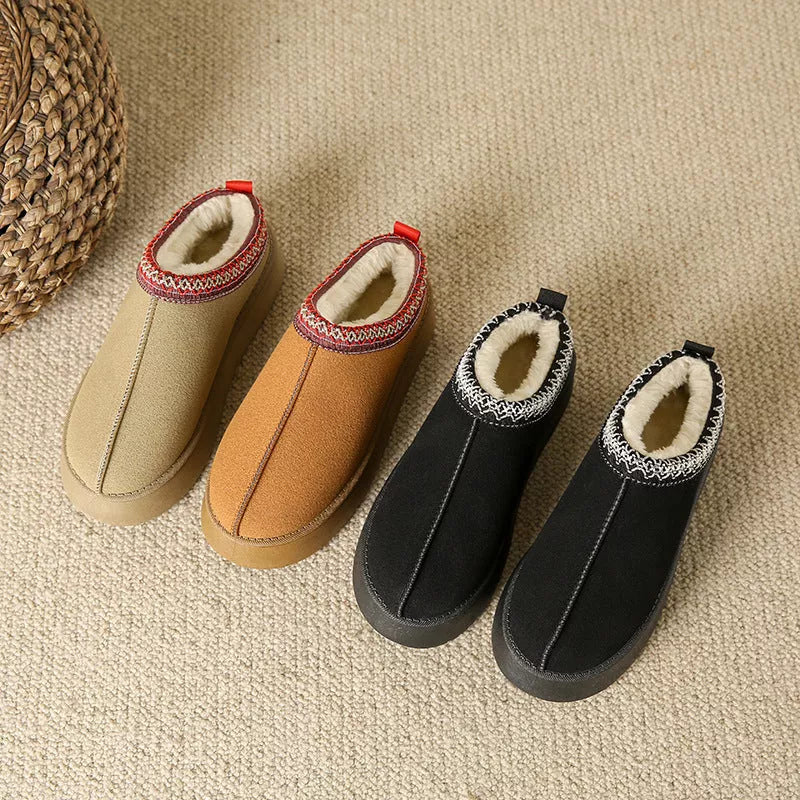 Women's fleece-lined Baotou plush half slippers in black, khaki, and brown